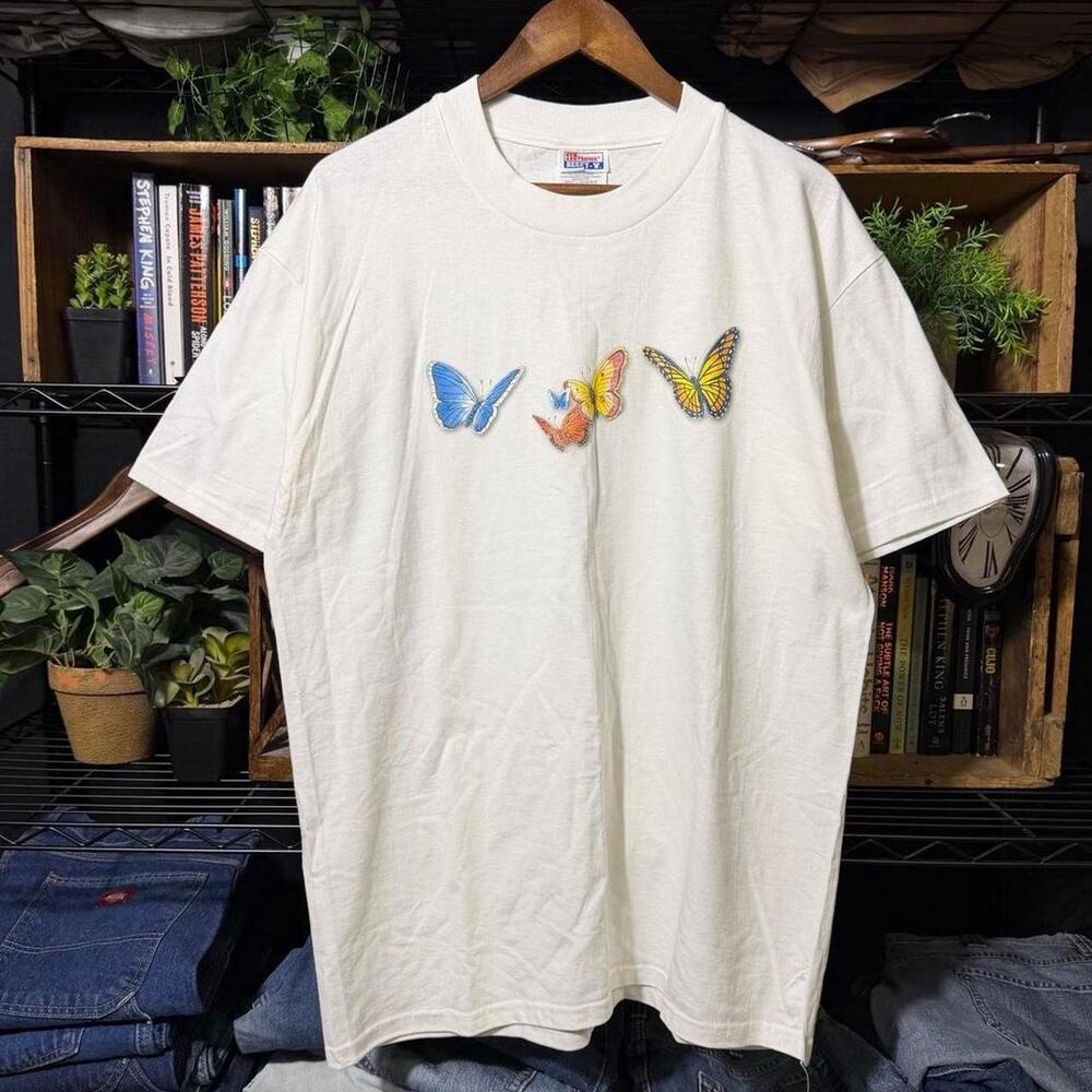 Vintage 90s Butterfly Tee Shirt Mens Large White Colorful Animal Insect Nature